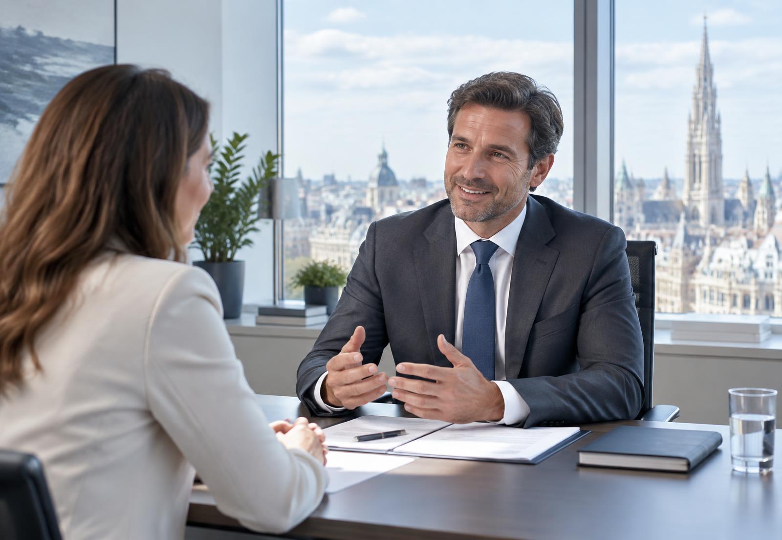 Conseiller financier échangeant avec une cliente dans un bureau à Bruxelles